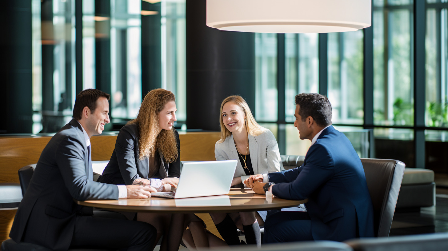 Männer und Frauen in Business Kleidung rund um einen Tisch bei guter Stimmung.